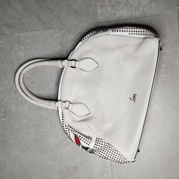 Rare Large Beige Christian Louboutin Bowler Bag with Studs and Red Interior - Picture 2 of 9